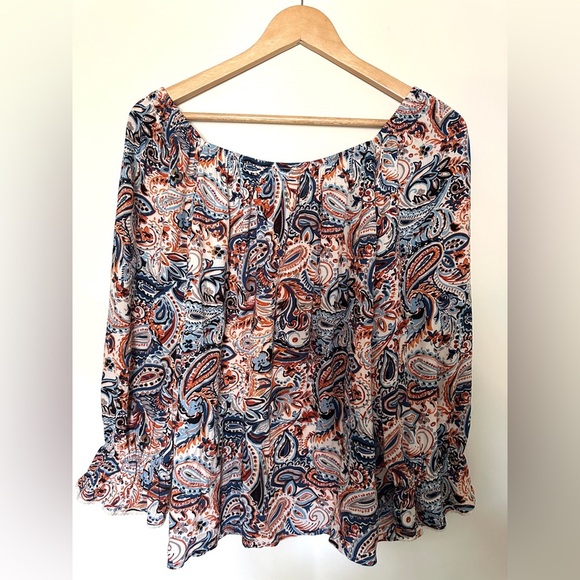 AGB Top Women Paisley Print Large Gathered neckline Long Sleeve Navy and Orange - Picture 9 of 11